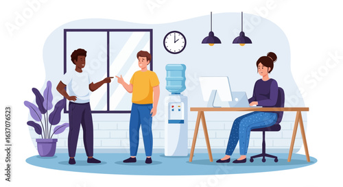 Vector art of business colleagues having a casual discussion near the water cooler in a modern office environment with a relaxed atmosphere