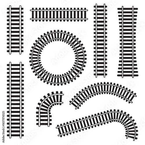 black and white rail track vector icons straight curved and angled segments in grid for mapping route layout planning
