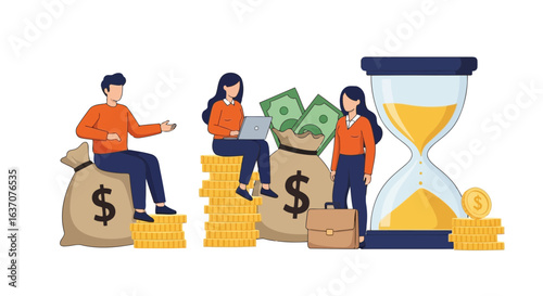 Vector art of a group of people are managing their time and money to achieve financial success and build wealth through smart investment strategies