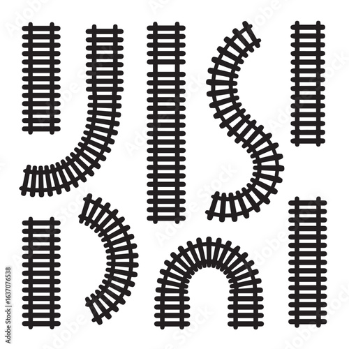 train track vector set with straight and curved rail segments in grid layout black on white for transport design