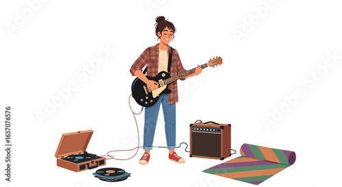 Vector art of young woman playing electric guitar in her room surrounded by vintage record player and amplifier creates a musical atmosphere