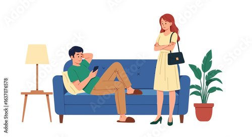Vector art of a woman stands arms crossed while a man is on his phone on the couch in a modern living room
