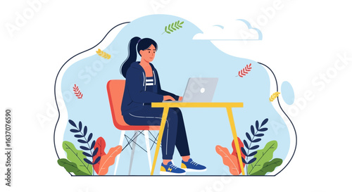 Vector art of young woman working on her laptop sitting at her desk in a comfortable indoor environment for work or study