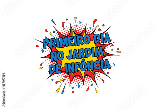 PRIMEIRO DIA NO JARDIM DE INFÂNCIA. Ilustração vetorial em estilo de quadrinhos para o regresso às aulas. Conceito de educação infantil e pré-escola.