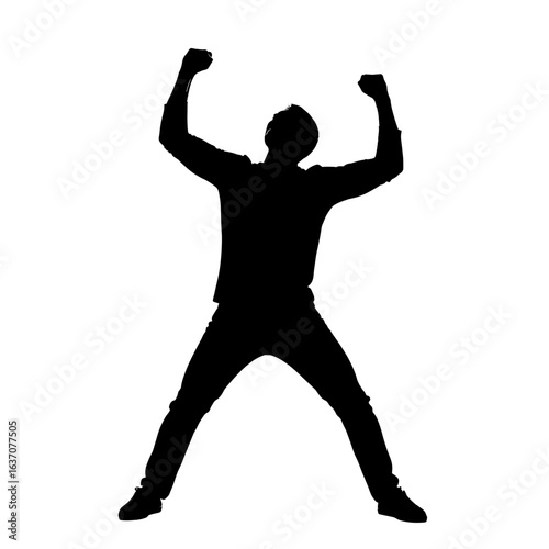 Silhouette of a man with arms raised and legs spread apart in a celebratory pose against a plain setting