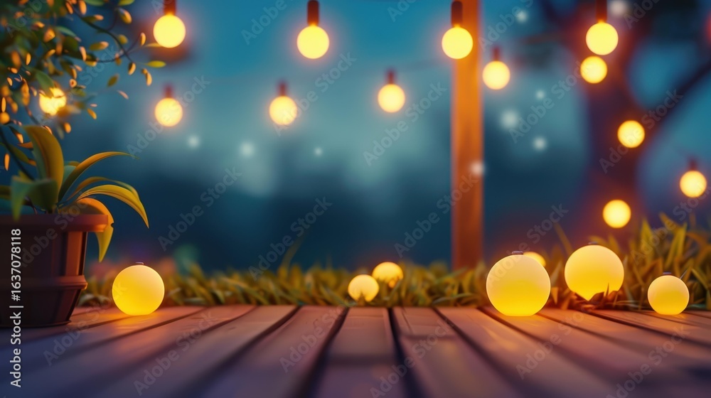 Fototapeta premium A serene summer evening spent on a patio surrounded by warm garden lights, perfect for relaxation and gatherings.