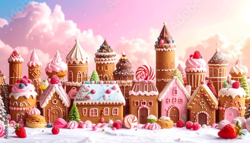 Sweet gingerbread city at dawn
