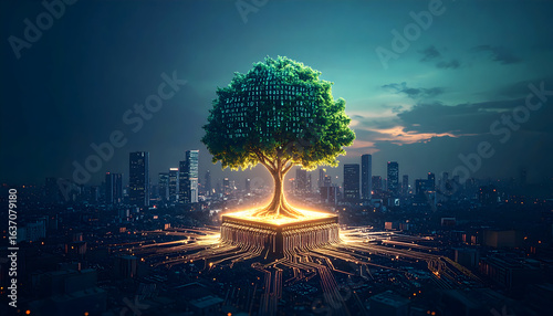 Technological growth: A tree emerges from a circuit board in a futuristic city