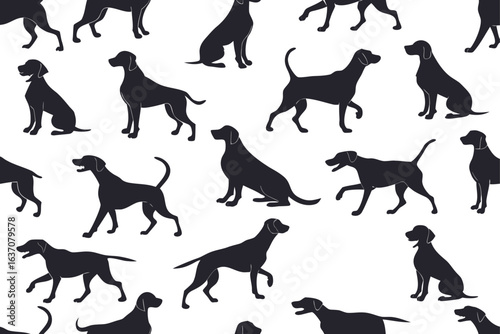 Seamless pattern of black dog silhouettes in various poses