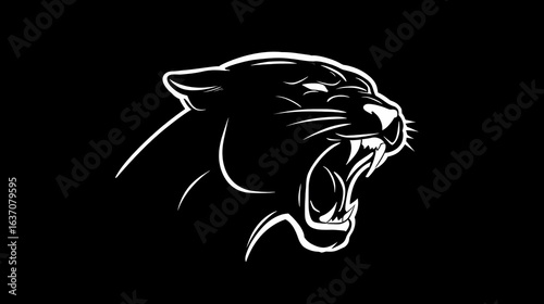White line art illustration of a snarling big cat's head on a black background