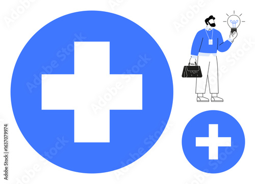 Large blue plus shapes highlight growth and positivity while a man with a briefcase holds a glowing bulb. Ideal for innovation, teamwork, health, business growth, positivity, strategy, simple flat