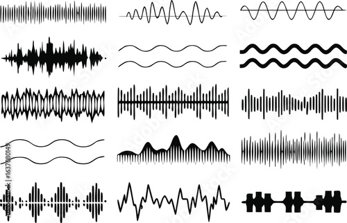 Collection of diverse sound wave and audio visualization graphics