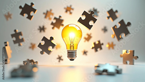 Floating golden puzzle pieces coming together to form a glowing lightbulb in mid-air, symbolizing innovation, problem solving, brainstorming, and strategic thinking in a conceptual 3D illustration