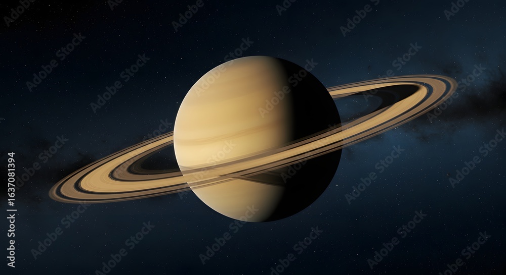 Obraz premium Majestic Saturn with stunning rings gleams in the vast, star-filled cosmos, a breathtaking view of our solar system's beauty