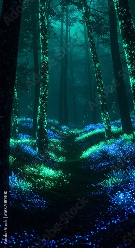 Mysterious enchanted forest path glowing with magical blue and green bioluminescent flora at twilight