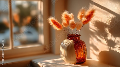 a vase with some flowers in it, orange flowers, orange ribbons, dslr photo of a vase on a table,