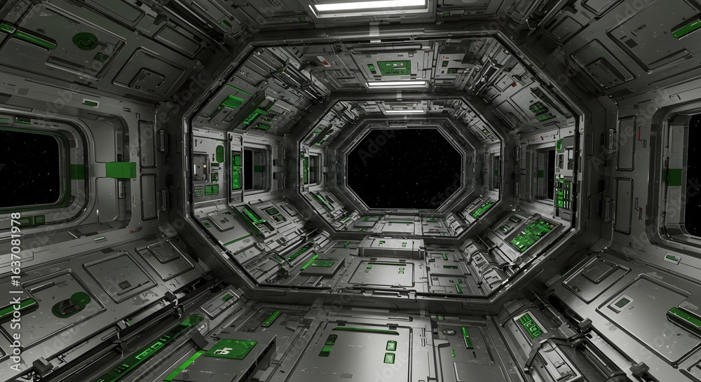Fototapeta premium Futuristic spaceship interior corridor with glowing green accents and stars visible through window