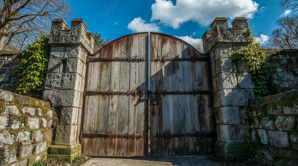A grand, weathered wooden gate stands framed by stone walls and crenellated towers, inviting entry into a mysterious realm under a bright blue sky with clouds. A grand, weathered wooden gate stands framed by stone walls and crenellated towers, inviting entry into a mysterious realm under a bright blue sky with clouds.