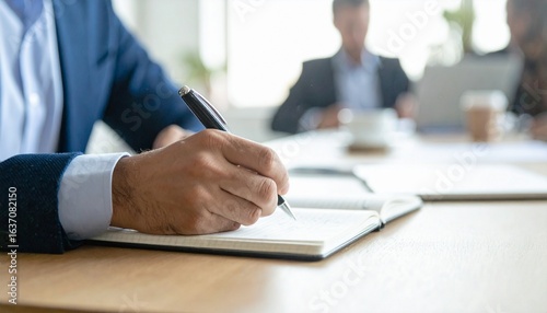 a company secretary is summarizing the results of the meeting, hand holding a pen and writing the minutes in a meeting agenda notebook, the atmosphere of the meeting is being conducted in a room
