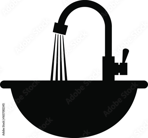 Silhouette of Modern Sink with Sprayer and Running Water