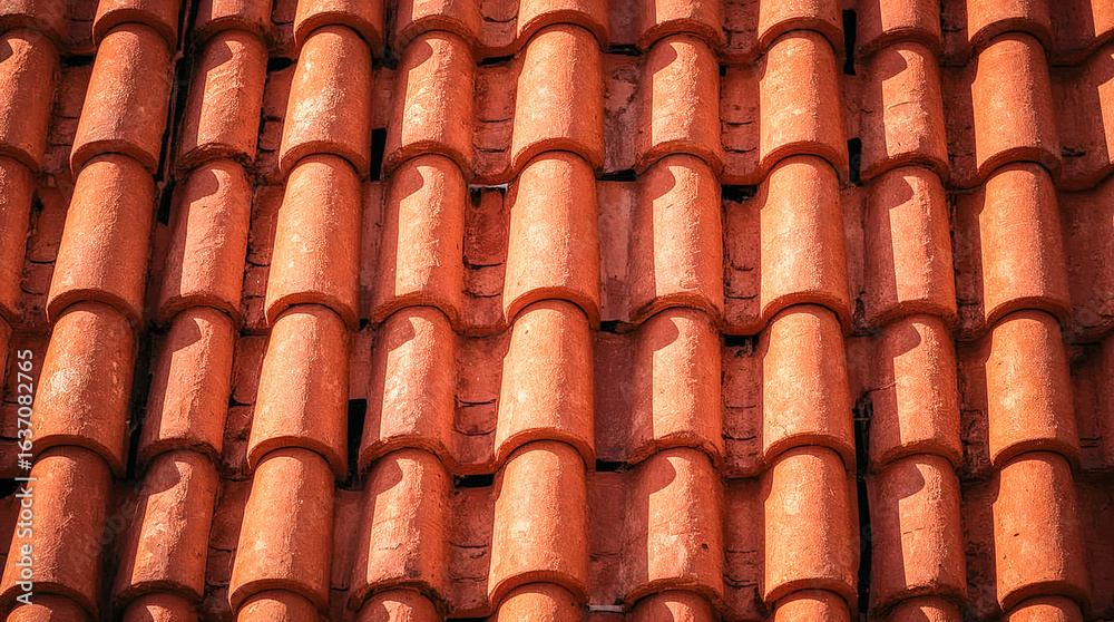 Close-up view of terracotta roof tiles, showing their textured surface and curved, interlocking pattern under warm sunlight. Close-up view of terracotta roof tiles, showing their textured surface and curved, interlocking pattern under warm sunlight.