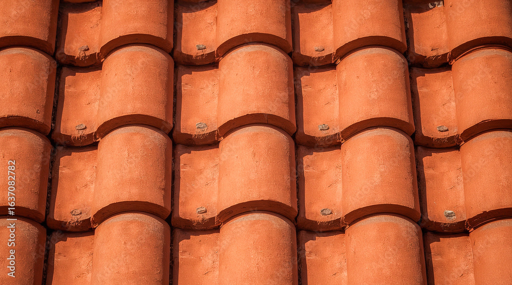 A close-up, detailed view of a terracotta tiled roof. The curved tiles overlap, creating a repeating pattern with shadows. A close-up, detailed view of a terracotta tiled roof. The curved tiles overlap, creating a repeating pattern with shadows.