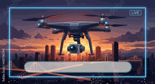 Drone hovering above city skyline during sunset with live broadcast screen present. Drone features advanced camera for aerial photography capturing urban landscapes.