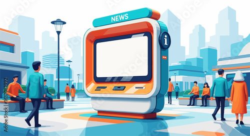 Public information kiosk in urban area with vibrant colors and people walking around. Eye-catching news display kiosk serves as focal point for community updates.