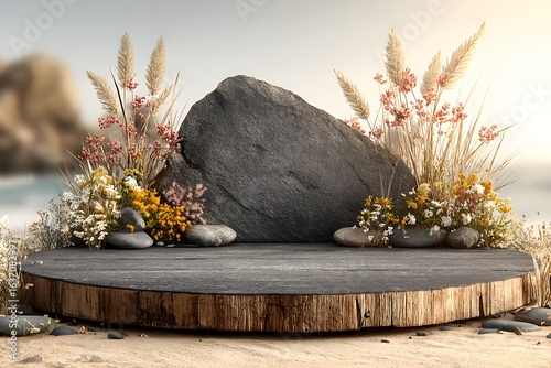 a rock on the sand, zen garden, beautiful composition 3 - d 4 k, octane render : :, stone table,