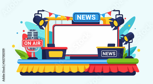 Colorful news studio setup with bright lights and decorations for broadcasting media. News backdrop features stage elements like microphones and lights for vibrant presentation.