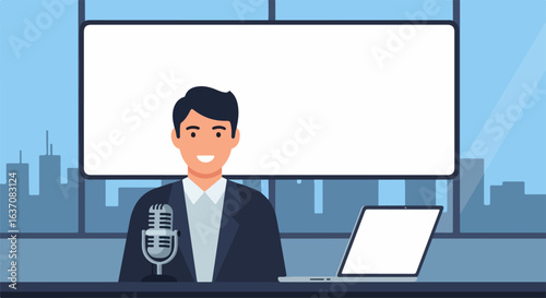 Local news anchor in studio with microphone and laptop ready for broadcast. Local news setup features bright city skyline behind anchor, presenting news on screen.