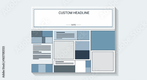 Flat illustration of news bulletin layout with customizable sections and various blocks in blue tones. This news bulletin design features placeholders for headlines and texts, ideal for media outlets.
