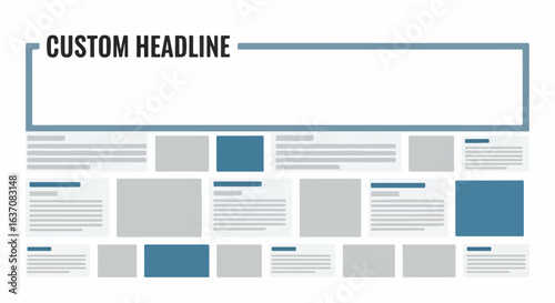 Flat layout of a news bulletin with customizable sections and blocks designed for various content types. The news bulletin layout features empty spaces for headlines, descriptions, and images.