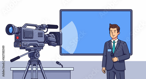 News studio camera filming presenter in professional attire beside blank screen. News studio setup includes video camera focused on journalist holding microphone ready for broadcasting.