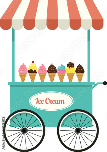 Ice cream cart with colorful cones and striped canopy in flat vector style for summer treats and dessert business