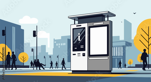 Public information kiosk in urban setting with pedestrians walking by and city buildings in background. Urban public information kiosk features digital display and modern design.