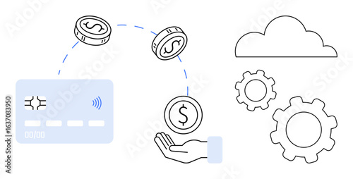 Credit card processing coins transferred into a hand, cloud, and gears representing automation, fintech. Ideal for online banking, e-commerce, financial services, cloud integration, automation