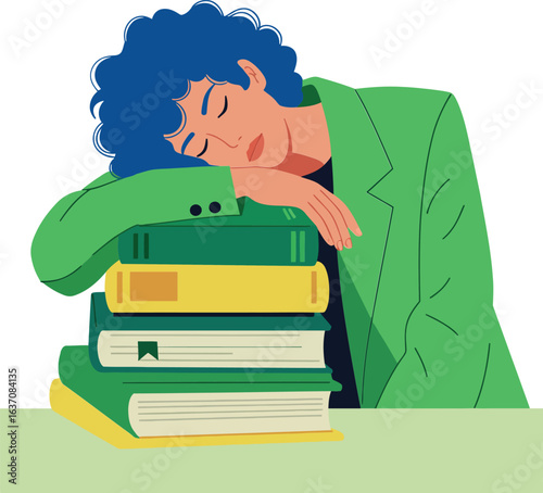 Person resting head on stack of books in green jacket with blue hair vector illustration