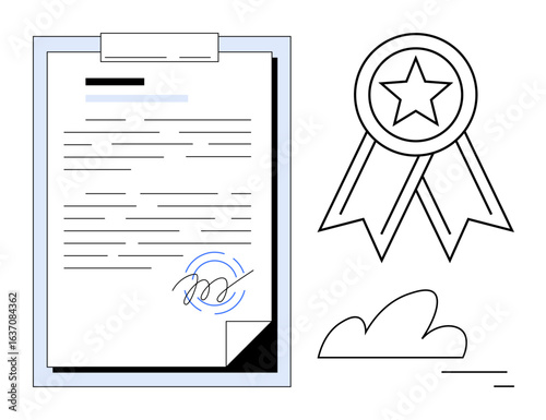 Signed document with signature stamp, award ribbon with star, and abstract cloud element. Ideal for certification, recognition, contracts, achievement, legal agreements, education simple landing