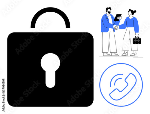 Lock symbolizing security, two professionals shaking hands signifying partnership, and phone icon denoting communication. Ideal for security, business deals, communication, technology, trust, data