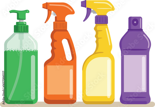 Cleaning bottles set with spray nozzles and pump dispenser for household cleaning and disinfecting tasks vector illustration