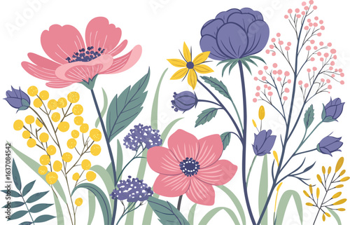 A vibrant illustration of various wildflowers in pink purple yellow and green hues