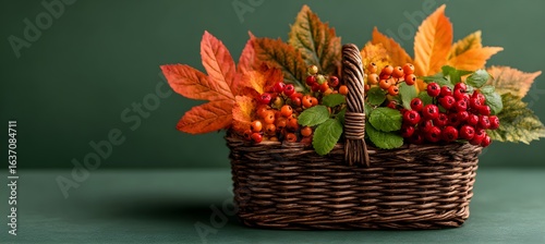 a basket filled with autumn leaves and berries, cornucopia, autumn background,