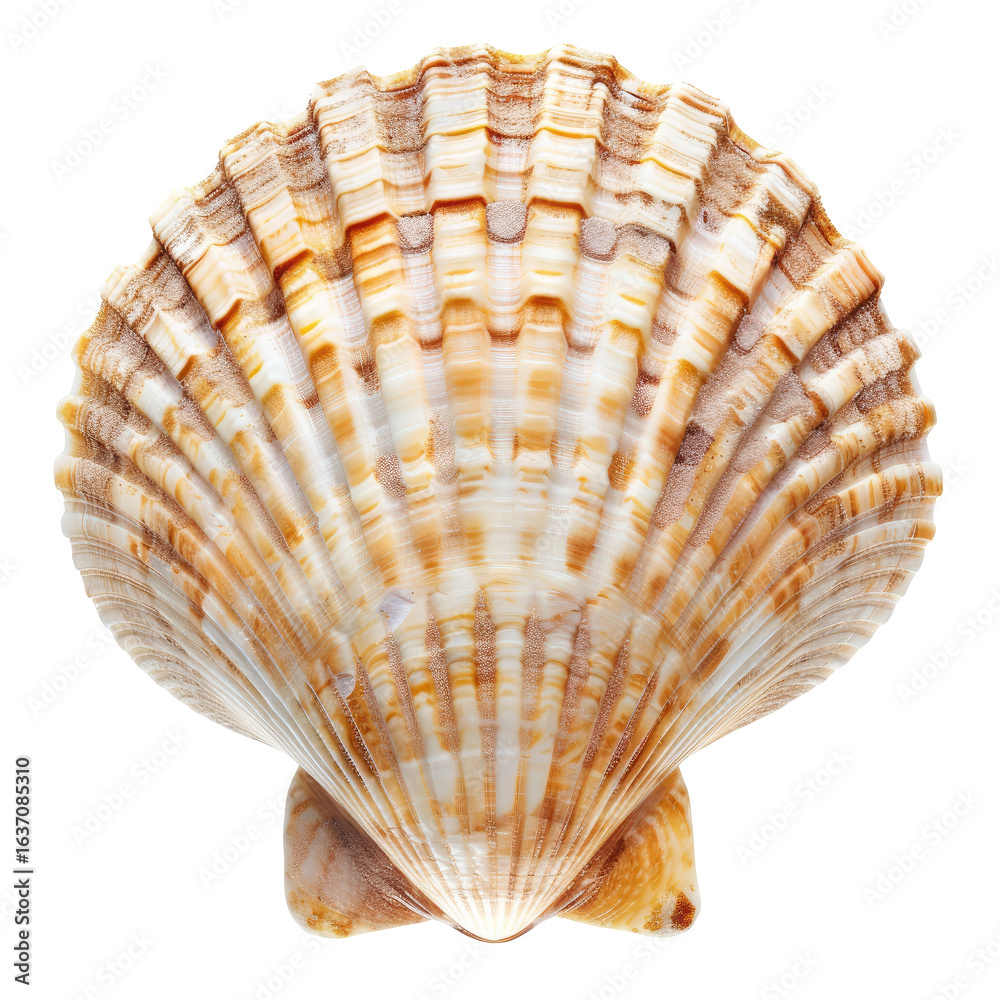 Obraz premium Close-up of a scallop shell, light beige and tan, with intricate ribbed, radiating patterns