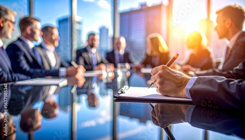 a company secretary is summarizing the results of the meeting, hand holding a pen and writing the minutes in a meeting agenda notebook, the atmosphere of the meeting is being conducted in a room