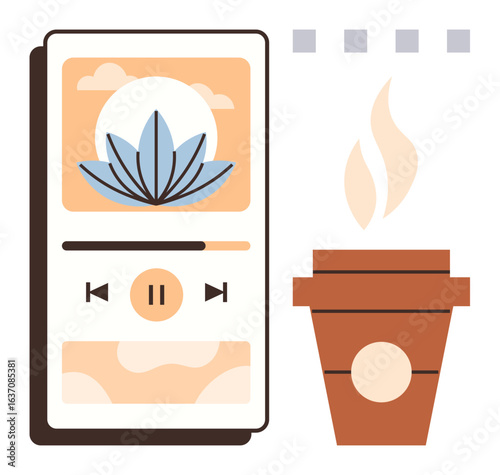 Smartphone displaying wellness app with play buttons and nature-inspired design beside steaming coffee. Ideal for self-care, focus, relaxation, mindfulness, productivity, app design, wellness habits