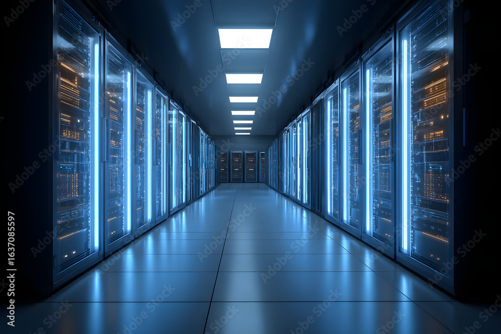 Fototapeta premium Modern data center with illuminated server racks and glowing blue lights.