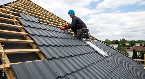 Skilled rooftop carpenter installing dark grey metal roof tiles on a new house construction, showcasing residential roof renovation work and building industry craftsmanship. © justsann