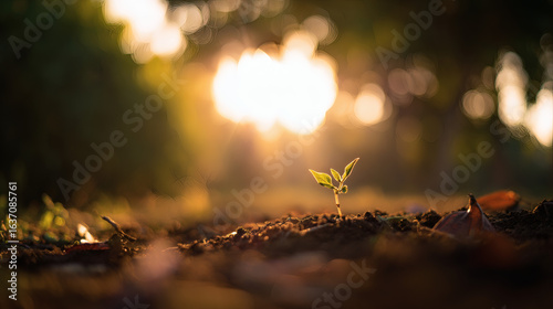Young sapling emerging from rich soil, sunlight filtering through leaves in a detailed macro view.