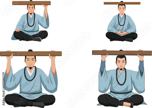 Man performing meditation and balancing wooden plank in traditional clothing vector set with calm and focused expressions